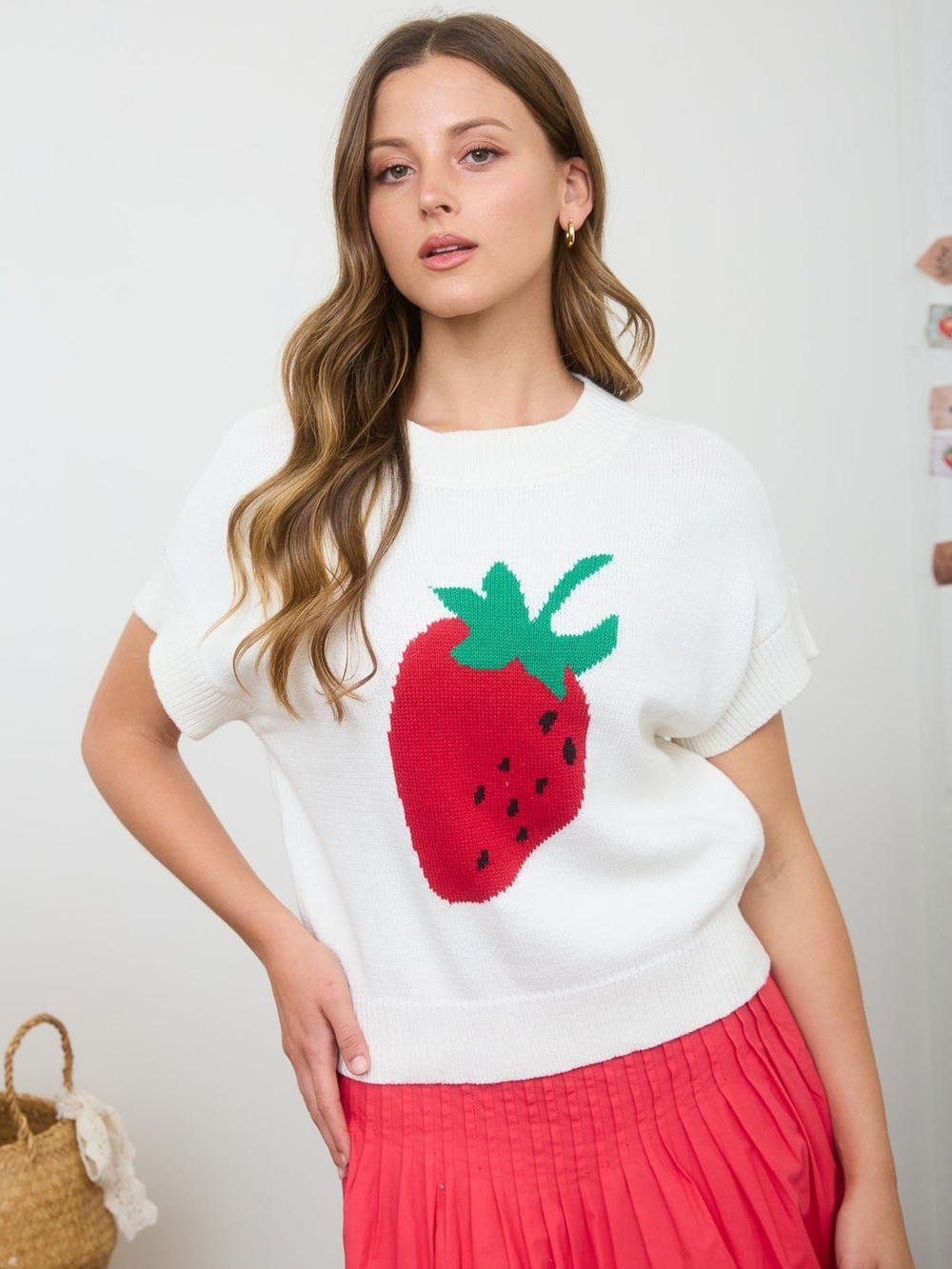 Blu Pepper White Crewneck Sweater with Red & Green Strawberry Graphic